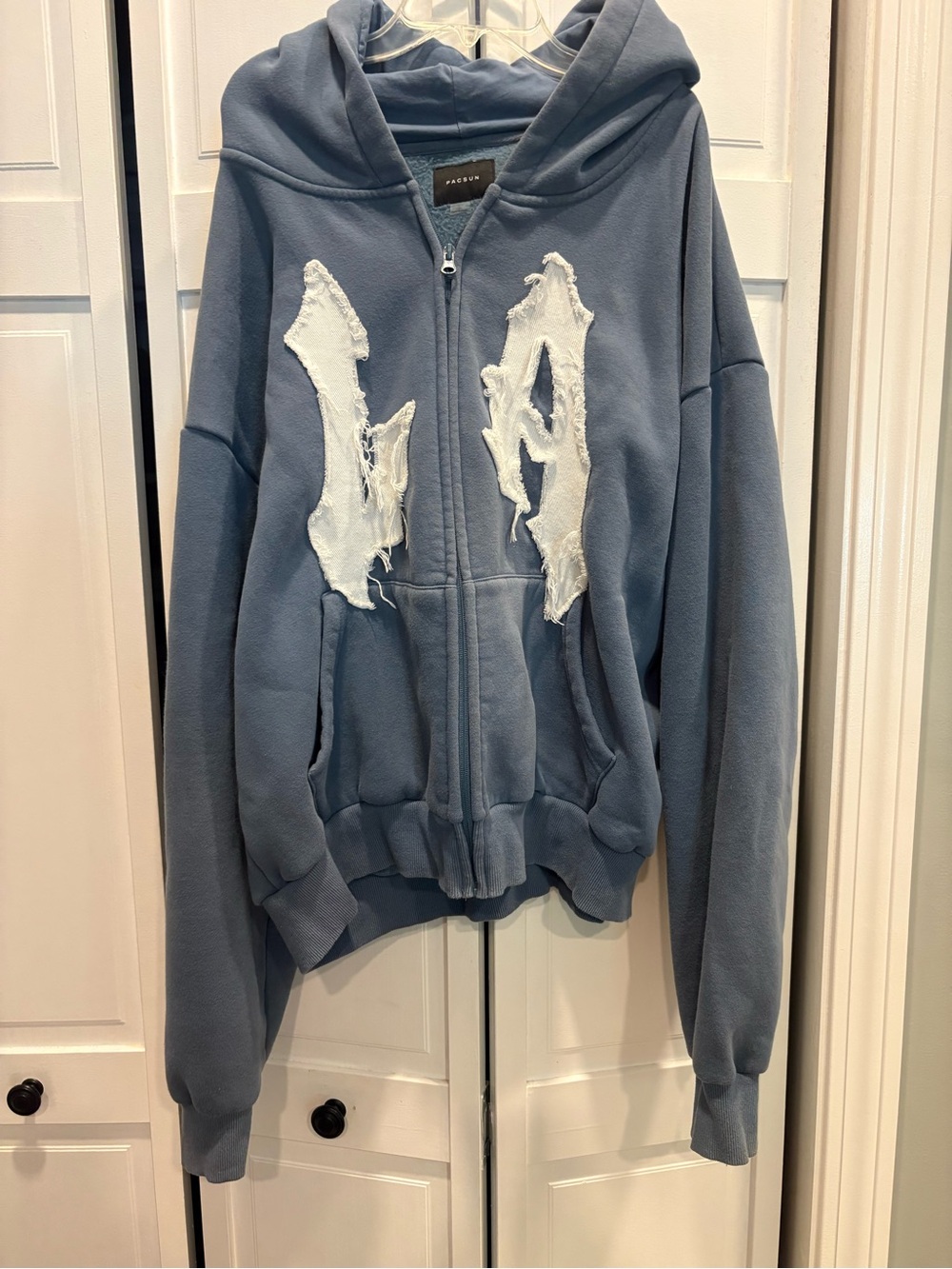 PacSun Washed Blue Zip-Up Hoodie with Distressed White Patch